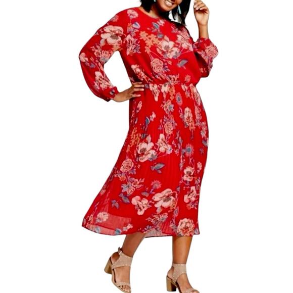 Ava & Viv Midi Dress Pleated Long Sleeves Red Multi Floral Women’s Size 1X - Picture 14 of 14